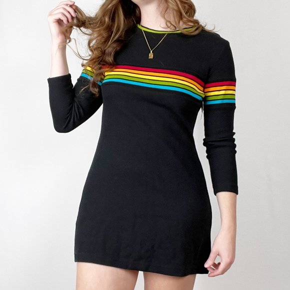 Vintage Deadstock Rainbow Striped Knit Mini Sweater Dress LGBTQ+ Pride 90's Y2K - Picture 2 of 7